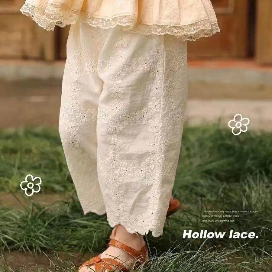 

Girl's retro hollow lace princess casual pants, girl's summer trendy children's pants trend