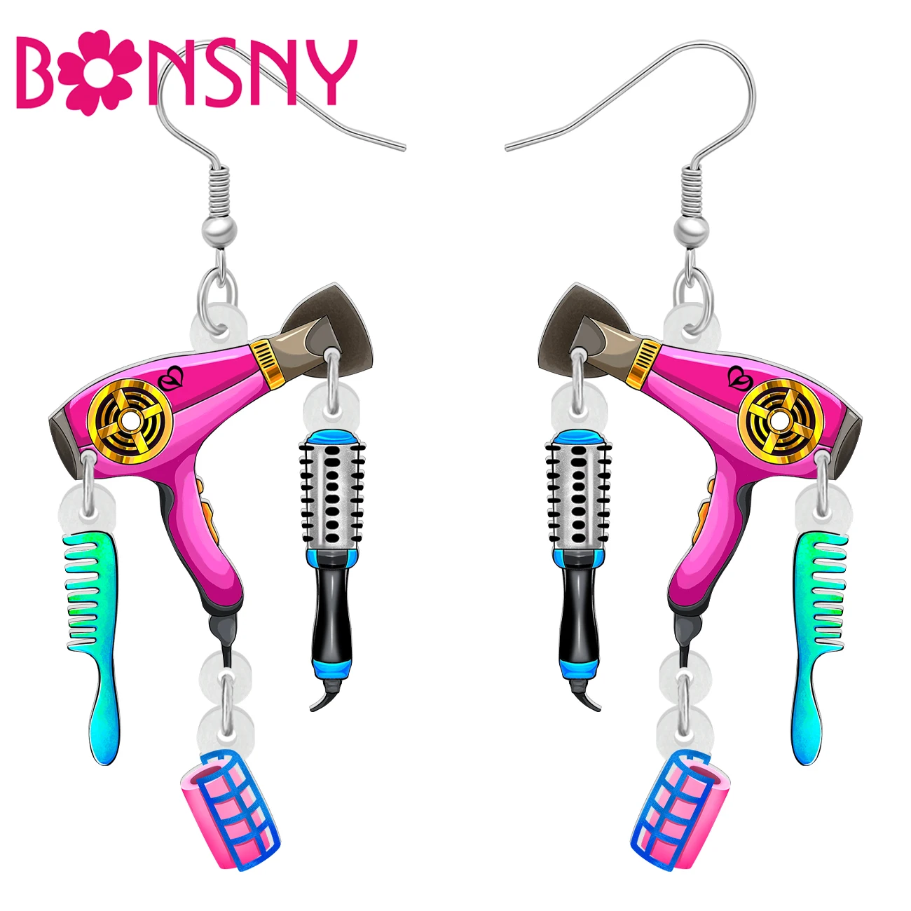 BONSNY Acrylic Novelty Hairdryer Comb Sets Drop Dangle Jewelry Earrings Party Favors For Women Girls Kids Gifts