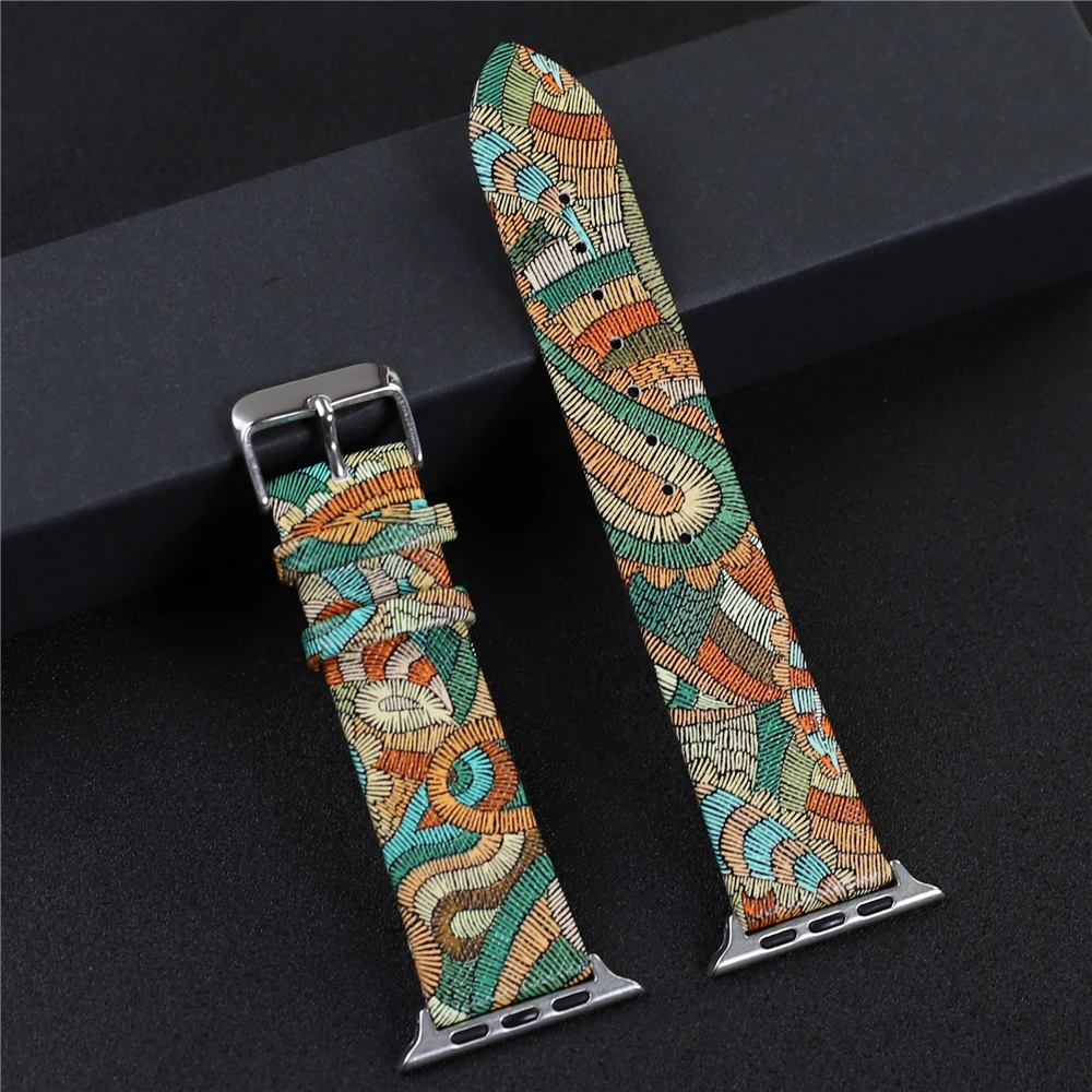 Vibrant Colors Leather Strap for Apple Watch Band 44mm 45mm Ultra 49mm 38mm 40mm 41mm Ethnic Style Bracelet iwatch 9 8 7 6 5 SE