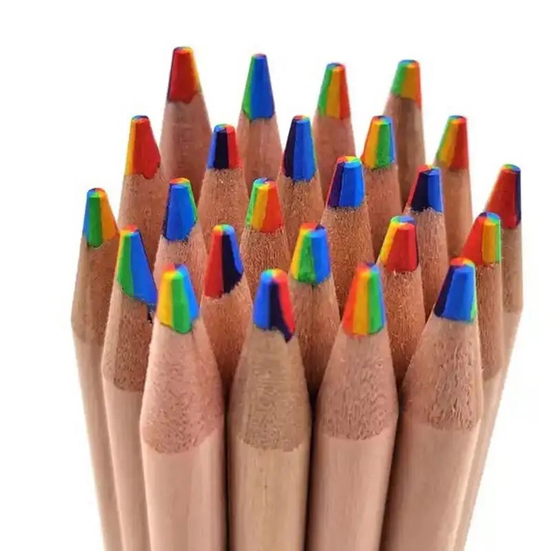 Rainbow Colored Pencil Kids Wood Rainbow Pencils 7 Color In 1 Rainbow Gradient Crayons 4 PCS Wooden Rainbow Colored Pencils