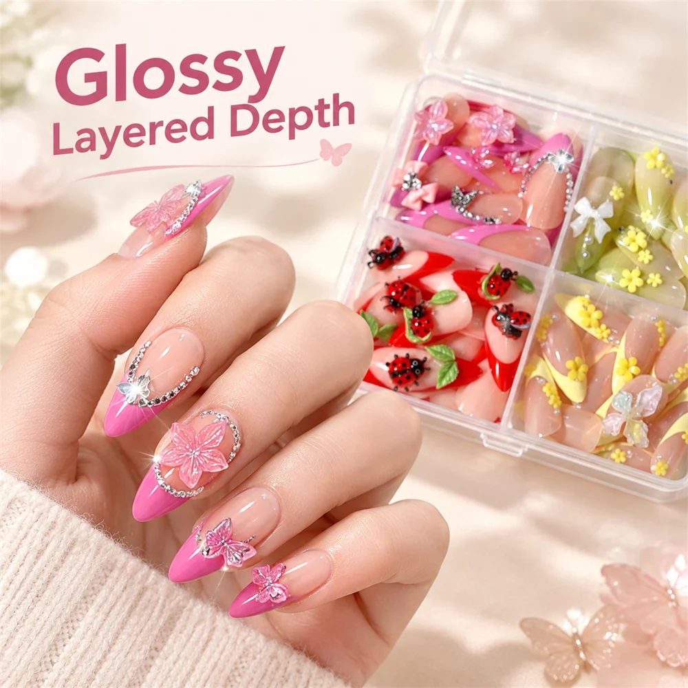 12Grids DIY Manicure Nail Charms Mixed Flat-Back Resin Ladybug Floral Butterfly Bow Ornaments For Girls False Nails Decor Making