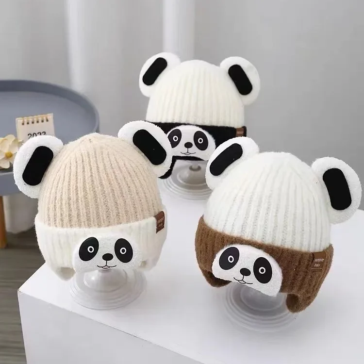 Topi Bayi Rajutan Panda Kartun Topi Balita Bayi Hangat Tebal Musim Dingin Topi Pelindung Telinga Anak Laki-laki Perempuan Lembut