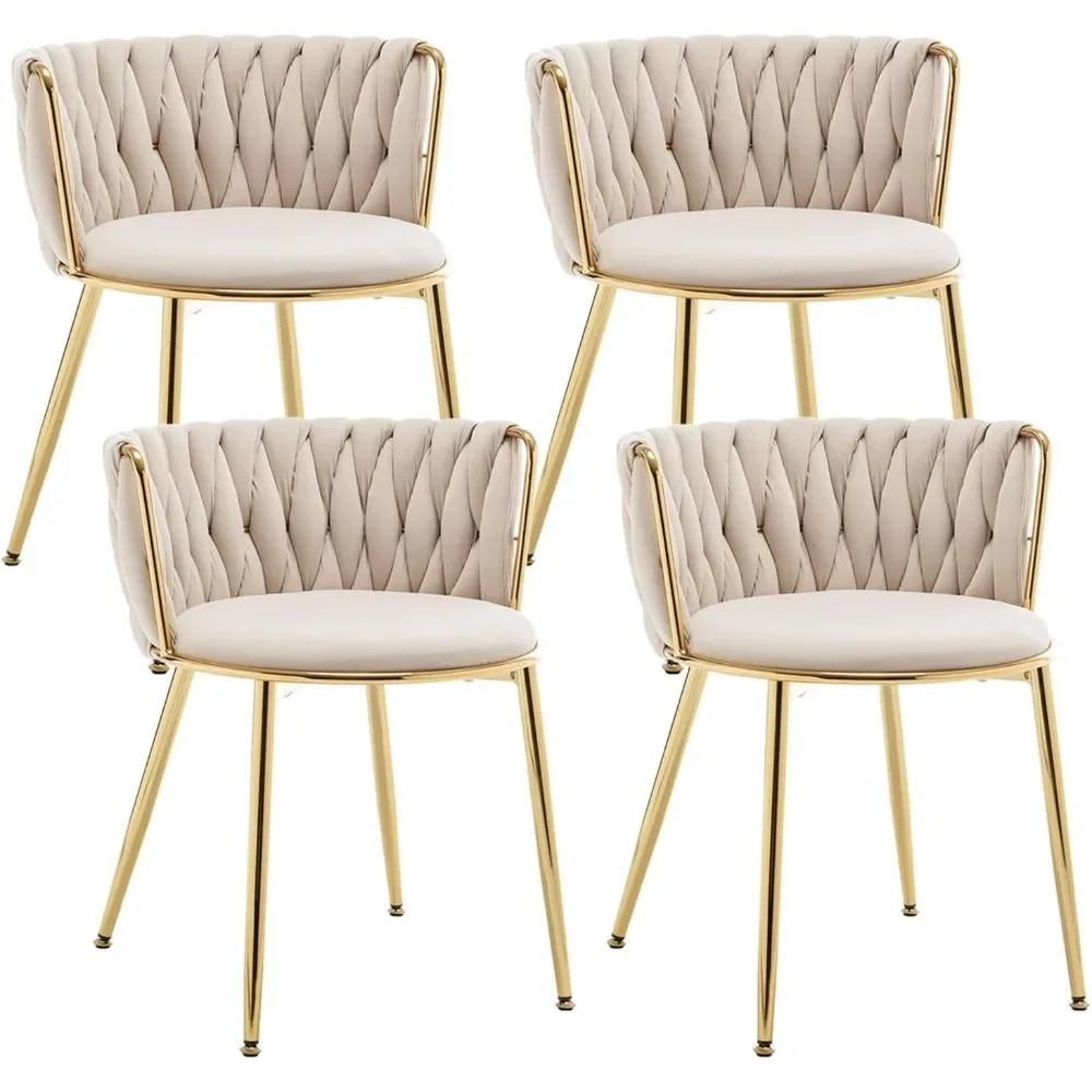 Velvet dining chair 4-piece set, modern woven dining chair, metal legs, gold dining chair (beige)