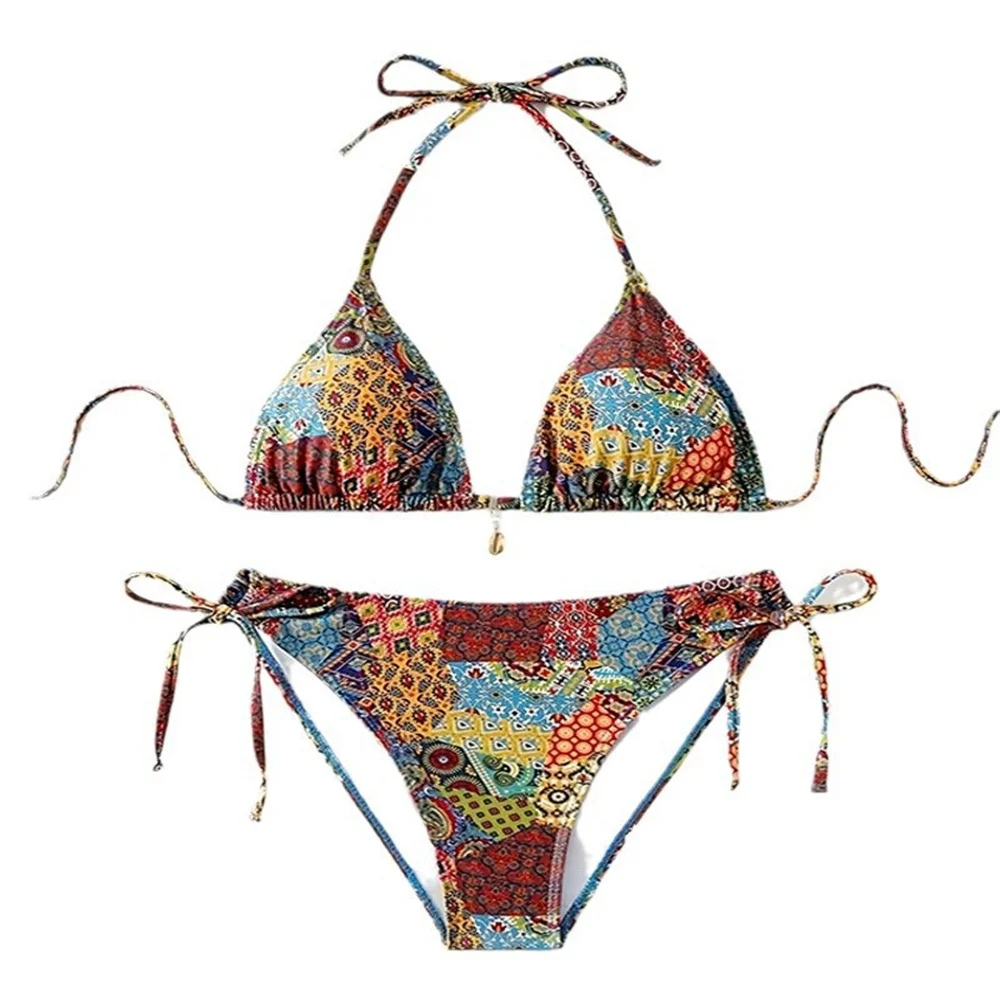 Bikinis con estampado bohemio, traje de baño con espalda descubierta y cordón Halter, Bikini Push Up con colgante, trajes de baño para vacaciones, traje de baño para playa para mujer