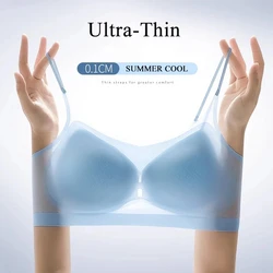 Sujetador superior de seda de hielo transpirable ultrafino para mujer, chaleco Halter con espalda sin costuras, sujetador envolvente, pecho pequeño juntos