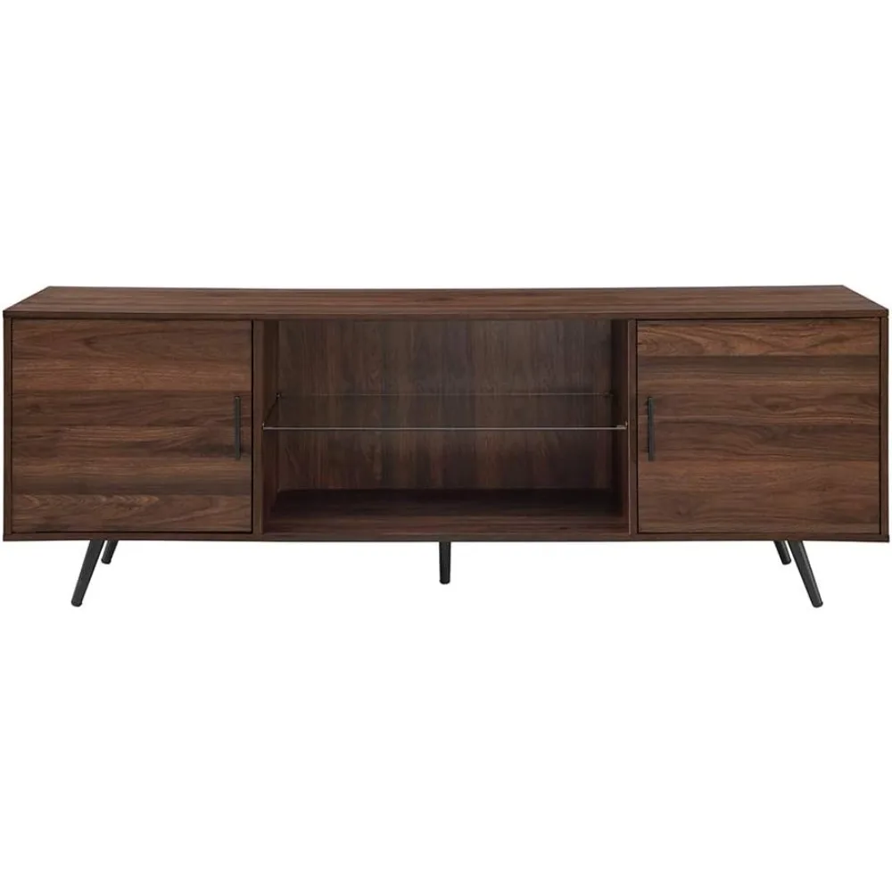 Saxon Mid Century Modern 2 Door Glass Shelf TV Stand for TVs up to 80 Inches, 70 Inch, Dark Walnut