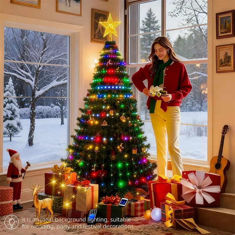 أضواء شجرة عيد الميلاد الذكية مع نجمة توبر DIY أضواء الجنية المتغيرة الألوان مقاومة للماء للحفلات المنزلية في الهواء الطلق شجرة عيد الميلاد ديكور