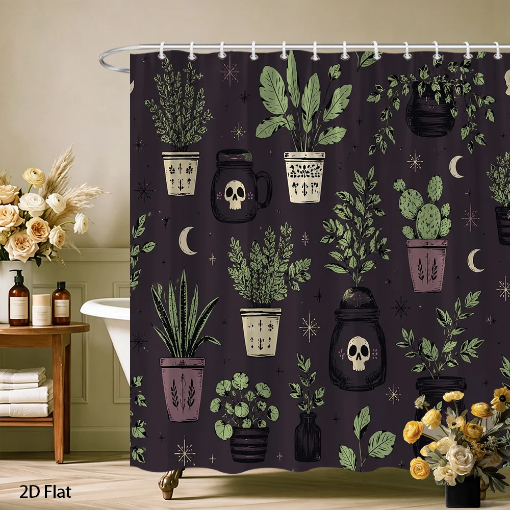 Boho Botanical Jungle Shower Curtain Dark Green Plants Skull Bathroom Decor Aesthetic Shower Curtain