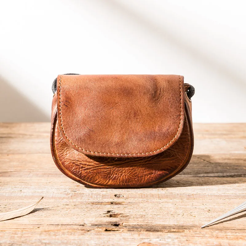 Vintage Short Mini Top Layer Leather Coin Purse for Men Women Genuine Leather Card Holder Unisex Small Crossbody Shoulder Bag