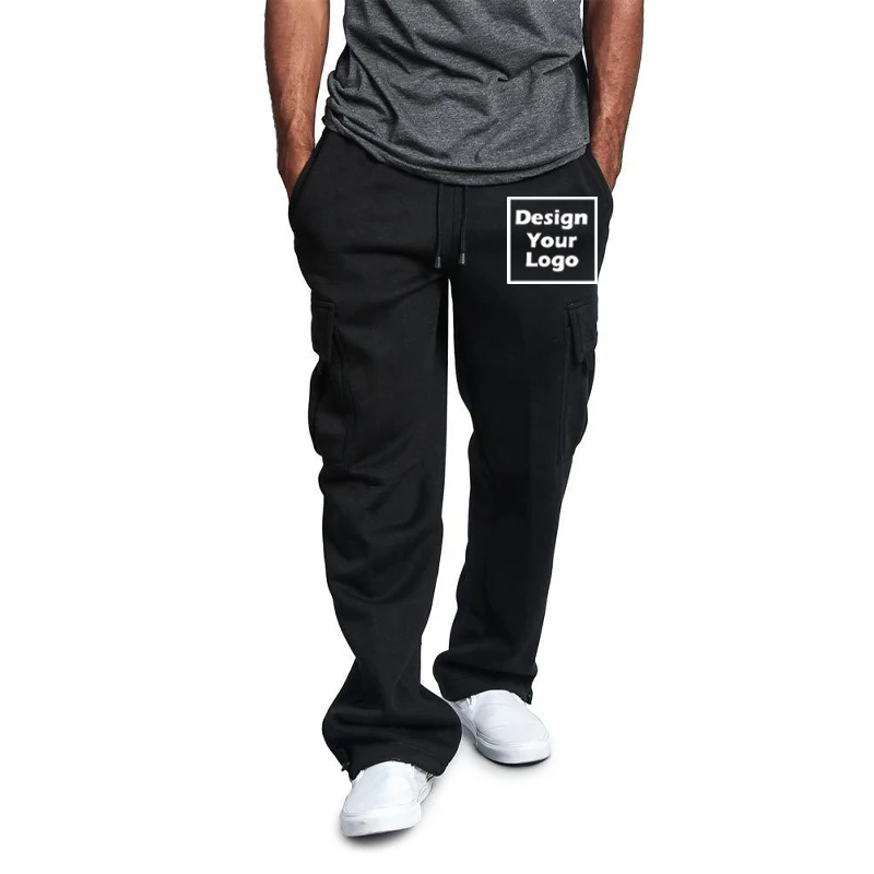 Men's Customize DIY Logo Cargo Pants Fleece Loose Drawstring Pockets Sports Winter Straight Trousers Jogging Long Hip Hop Pants