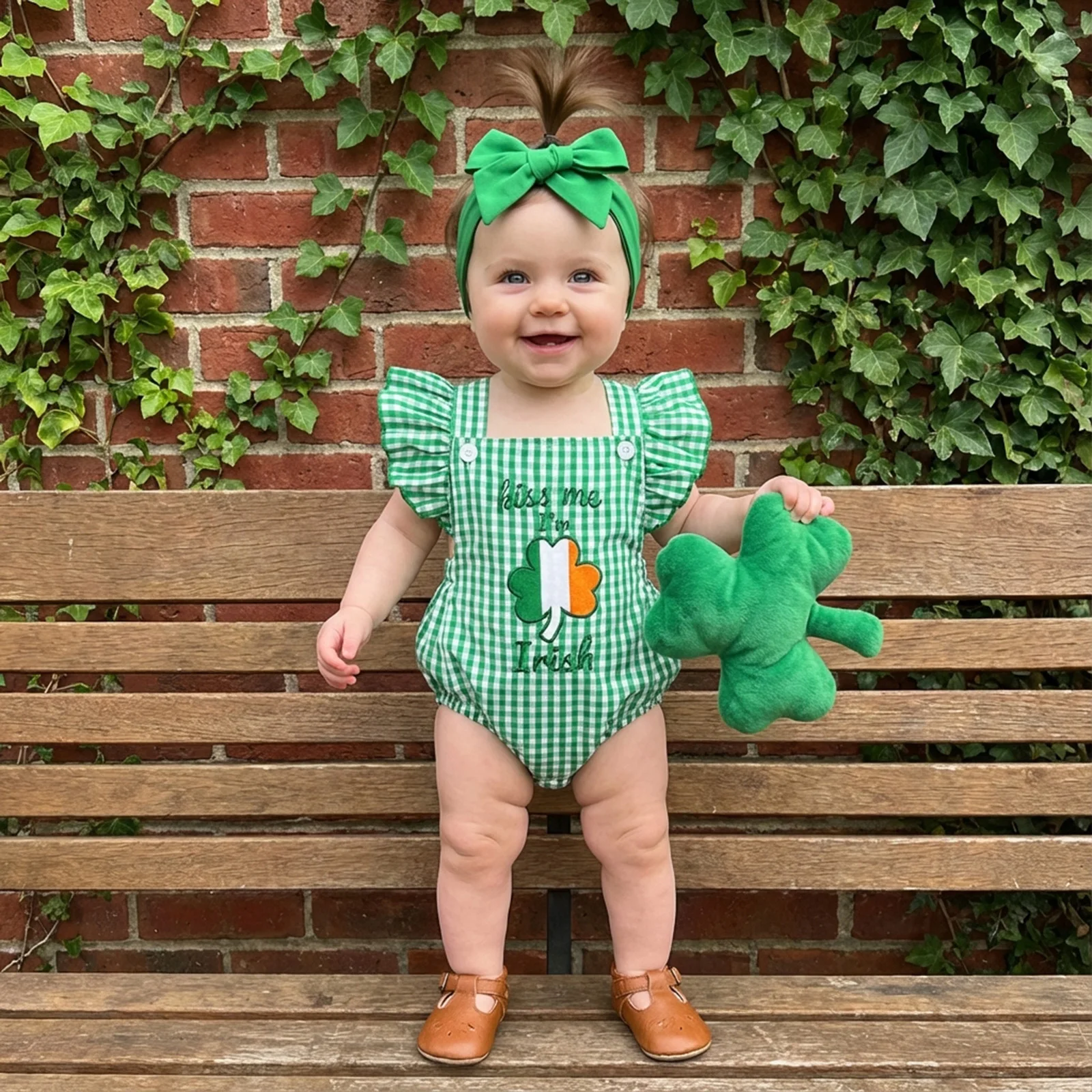 

Комплект для девочки на День Святого Патрика: ромпер с вышивкой в виде клевера и буквы, с рукавами-крылышками, и повязка на голову, 2 предмета, весенний набор