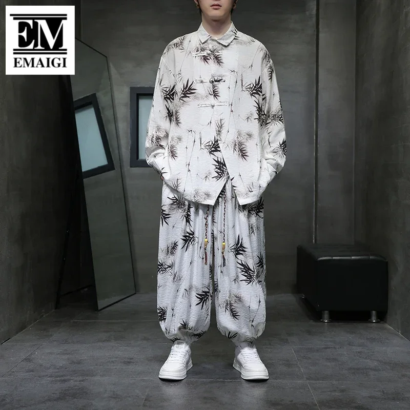 Men 2 Pieces Sets Loose Casual Long Sleeve Print Shirts Wide Leg Harem Pants Man Beach Blouses Trousers Tracksuits for Men