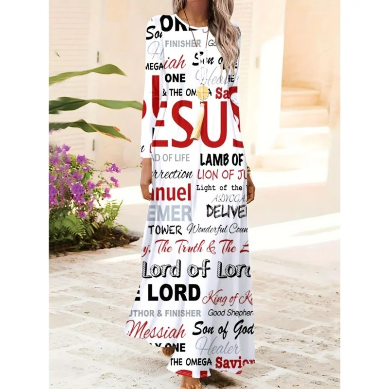 Spring and Summer New Style Fashionable and Elegant Printed Dress Women's Long-sleeved Loose Simple Dress