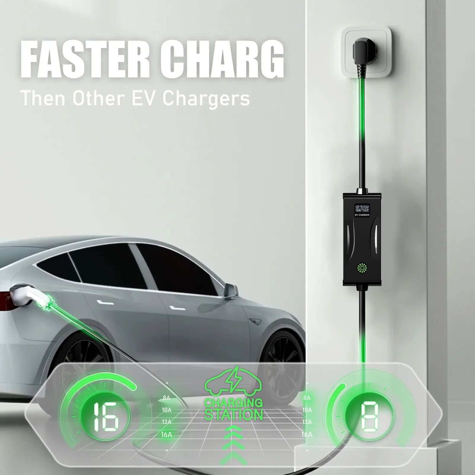 AFYEEV 3.6KW 16A Portable EV Charger Type2 IEC62196-2 EVSE Charging Cable Type1 SAE J1772 EU Plug Wallbox for Electric Car