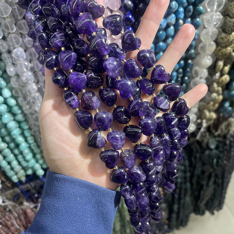 

15mm Heart Natural Stone Tiger Eye Amethyst Crystal Loose Beads For Jewelry Making DIY Bracelets Necklace 38cm