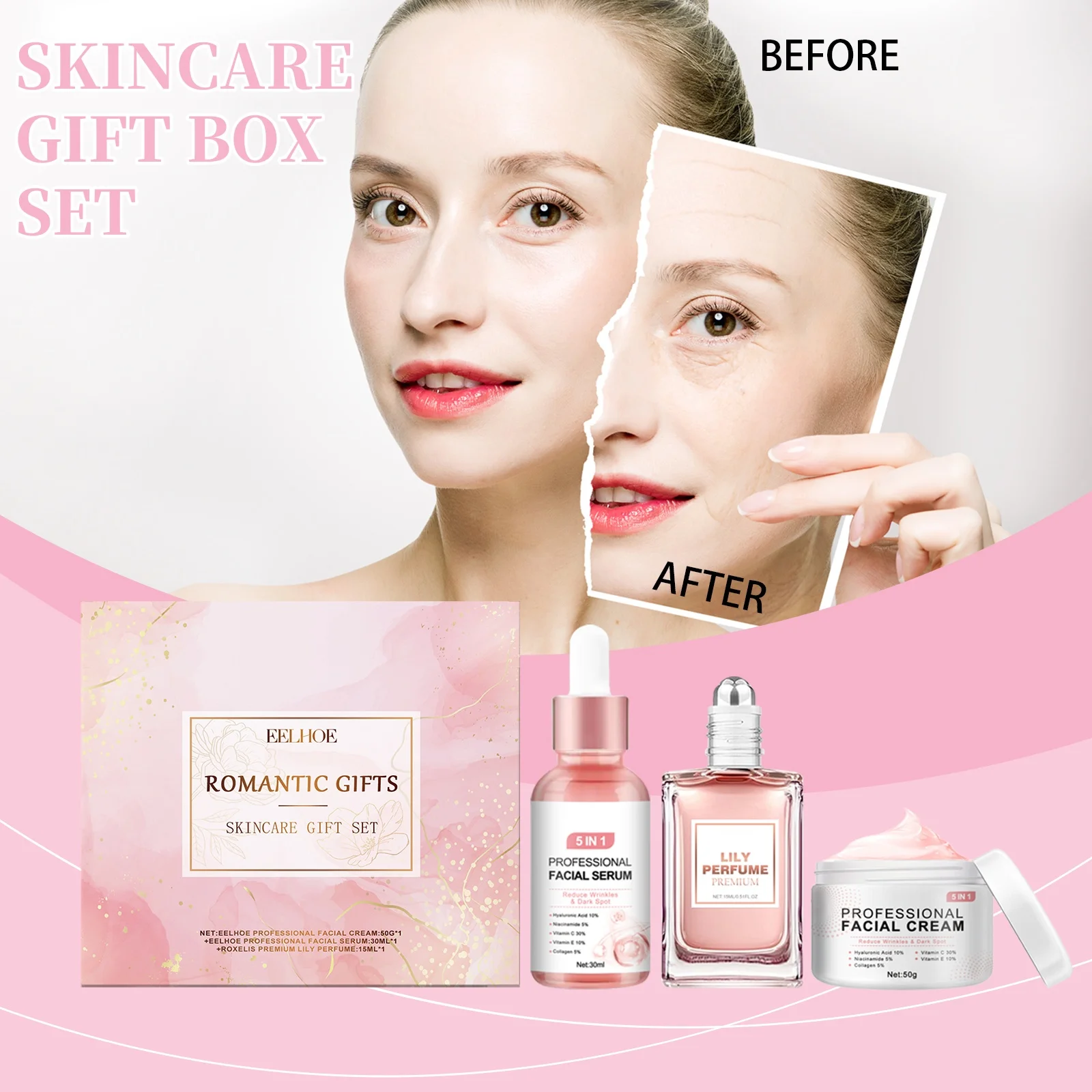 Pink Romantic Happy Skincare Gift Box Improving Facial Dullness Moisturizing Brightening Skin Fragrance Gift Box Set For Women