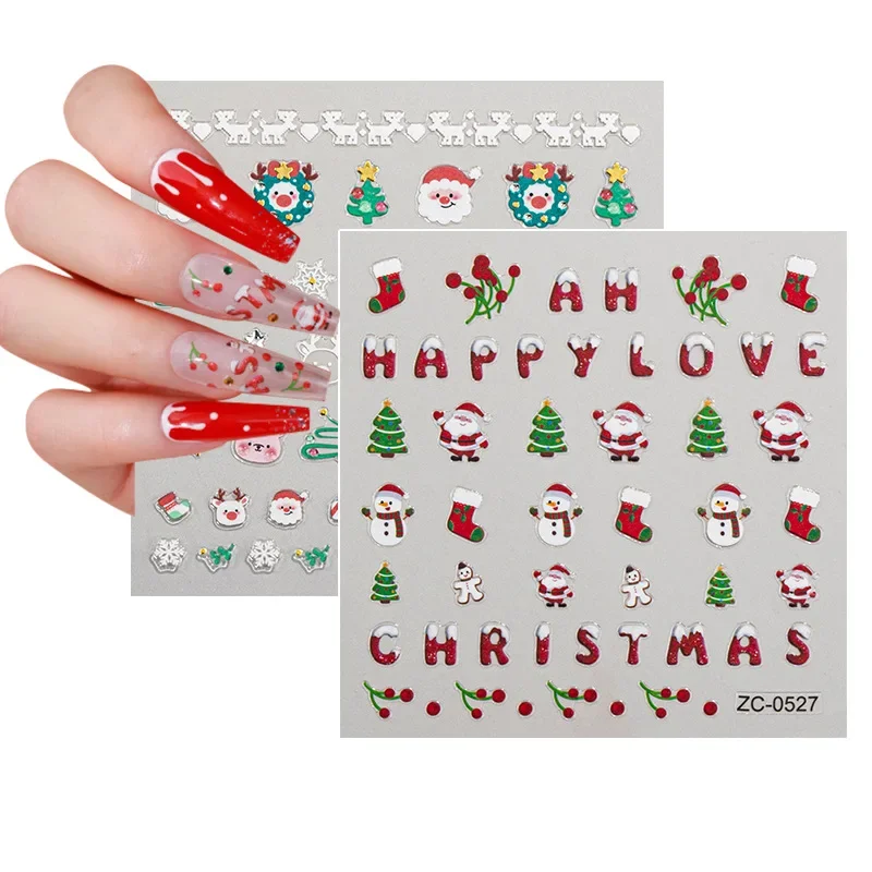 Christmas Nails Figures Stickers Decoration 3D Color Rhinestone Christmas Snowman Snowflake Press On Nails Self Adhesive Sticker