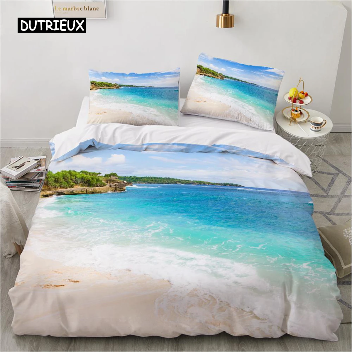 

Ocean Duvet Cover Set King Size Polyester Tropic Ocean Style Sandy Shore and Sea with Waves Escape To Paradise Theme Bedding Set