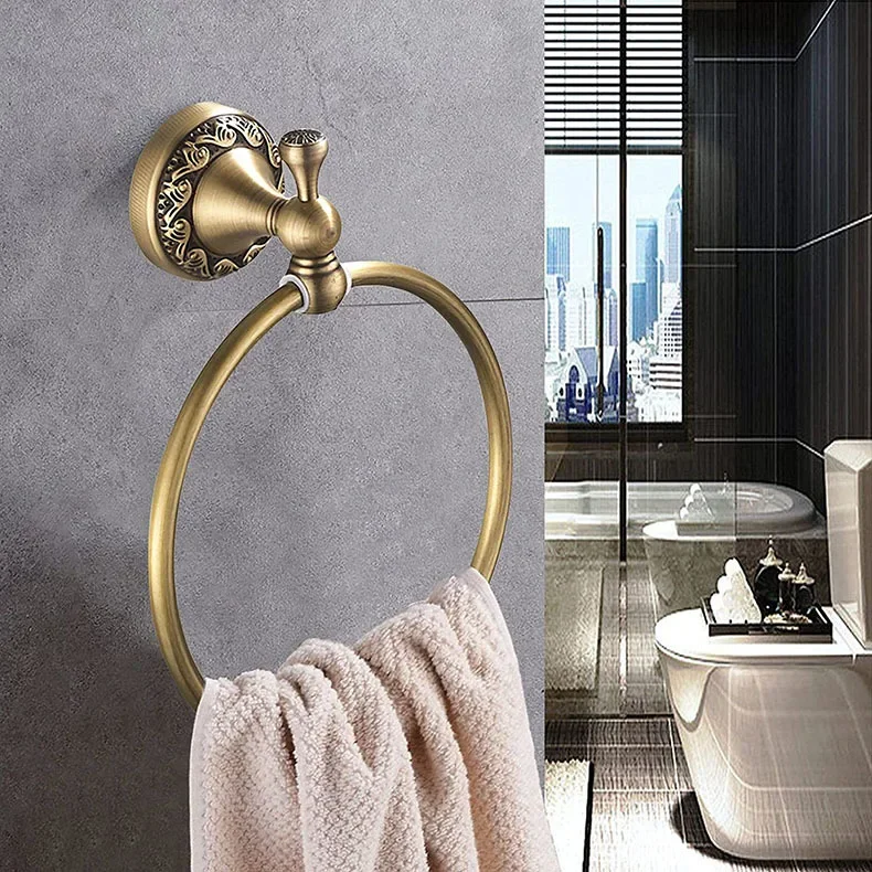 Bathroom Towel holder, Wall Mounted Round Antique Brass Ring Towel Antique Hooks Double Hooks Bathroom Accessories