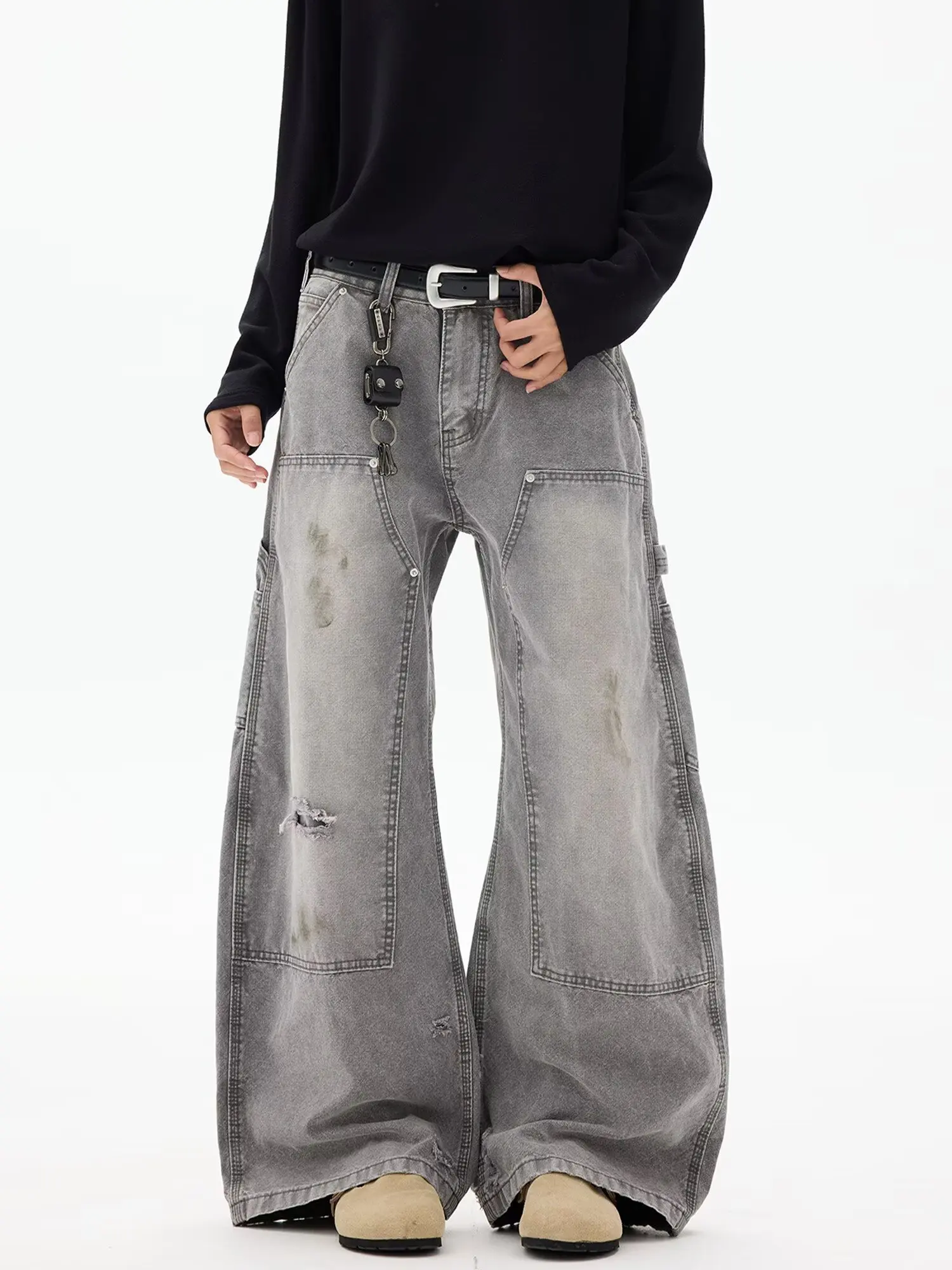 

Женские серые винтажные джинсы, уличные джинсовые брюки, повседневные готические брюки с высокой талией, прямая уличная одежда, мешковатые женские 2026