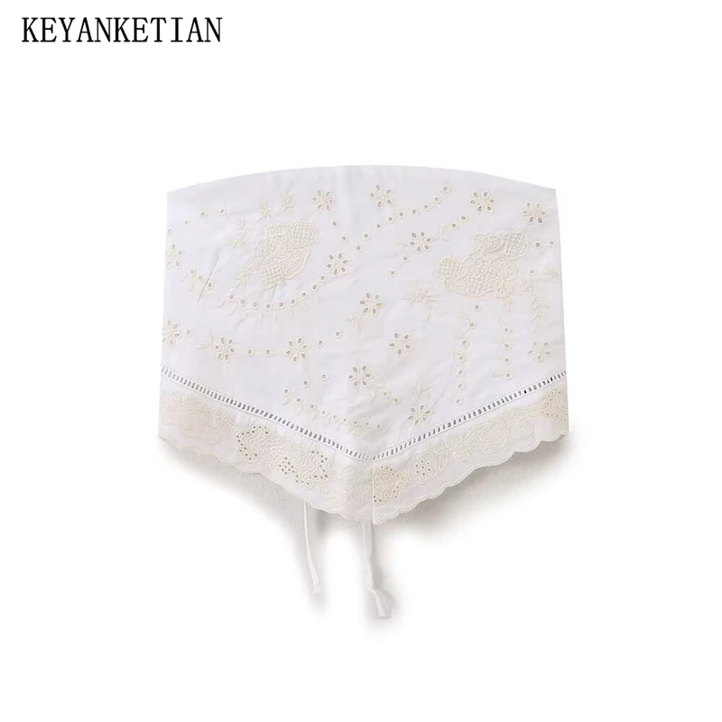 

KEYANKETIAN 2025 Summer New Women's Hollow out Flower embroidery Back Lace Up Corset Holiday wind Slim Slash neck Vest Crop Top