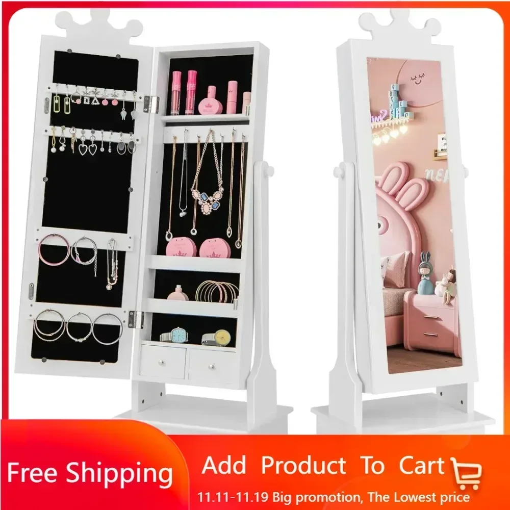 

Kids Jewelry Armoire Cabinet, 2-Angle Tilting Wooden Standing Jewelry Organizer with Full-length Mirror and Storage Drawers