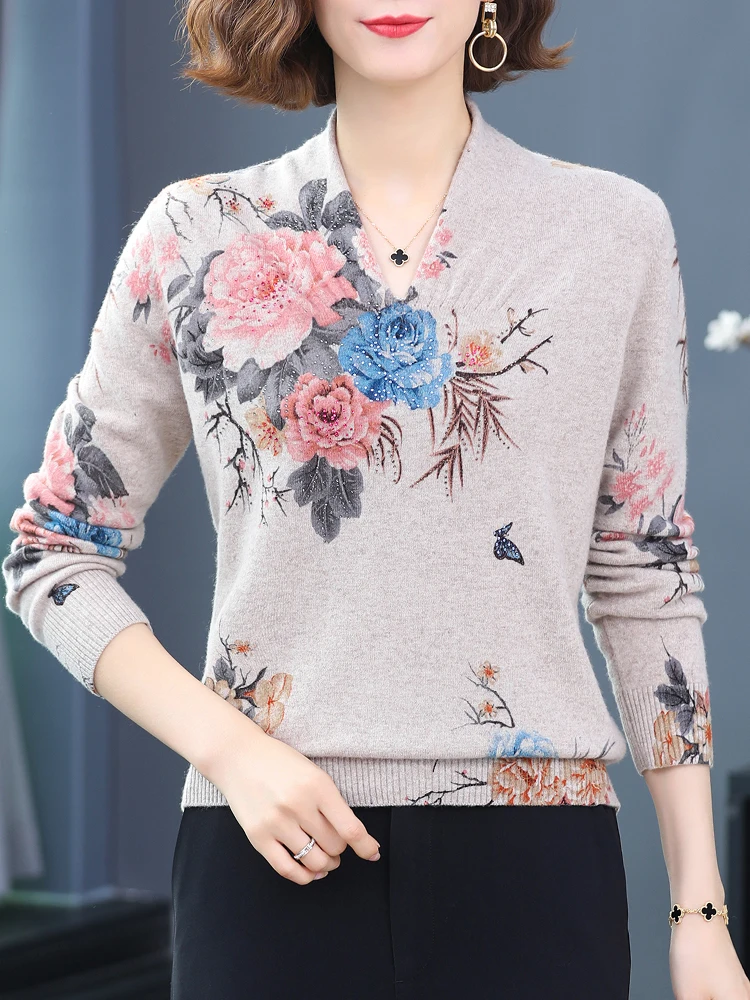 Floral Print Women\'s Sweaters Autumn Korean Style Women Clothing Pullover Long Sleeve Top Femme Soft V Neck Knitted Sweater