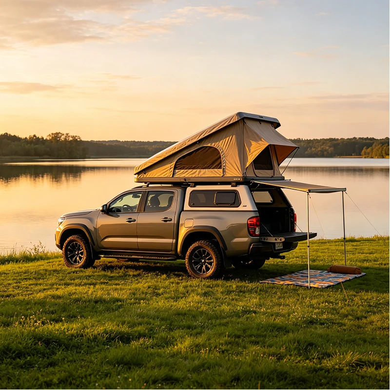 Expedition Truck Bed Camper with Elevated Tent Cabin for Outdoor Exploration Off Grid Travel and Camping
