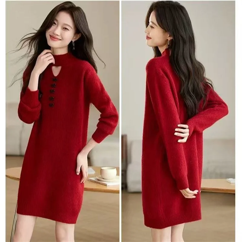 

Loose Sweater Dress Women Autumn Winter New Long Coat Fashion Knitwear Bottoming Shirt Semi-High Collar Pullover Ladies Dresses