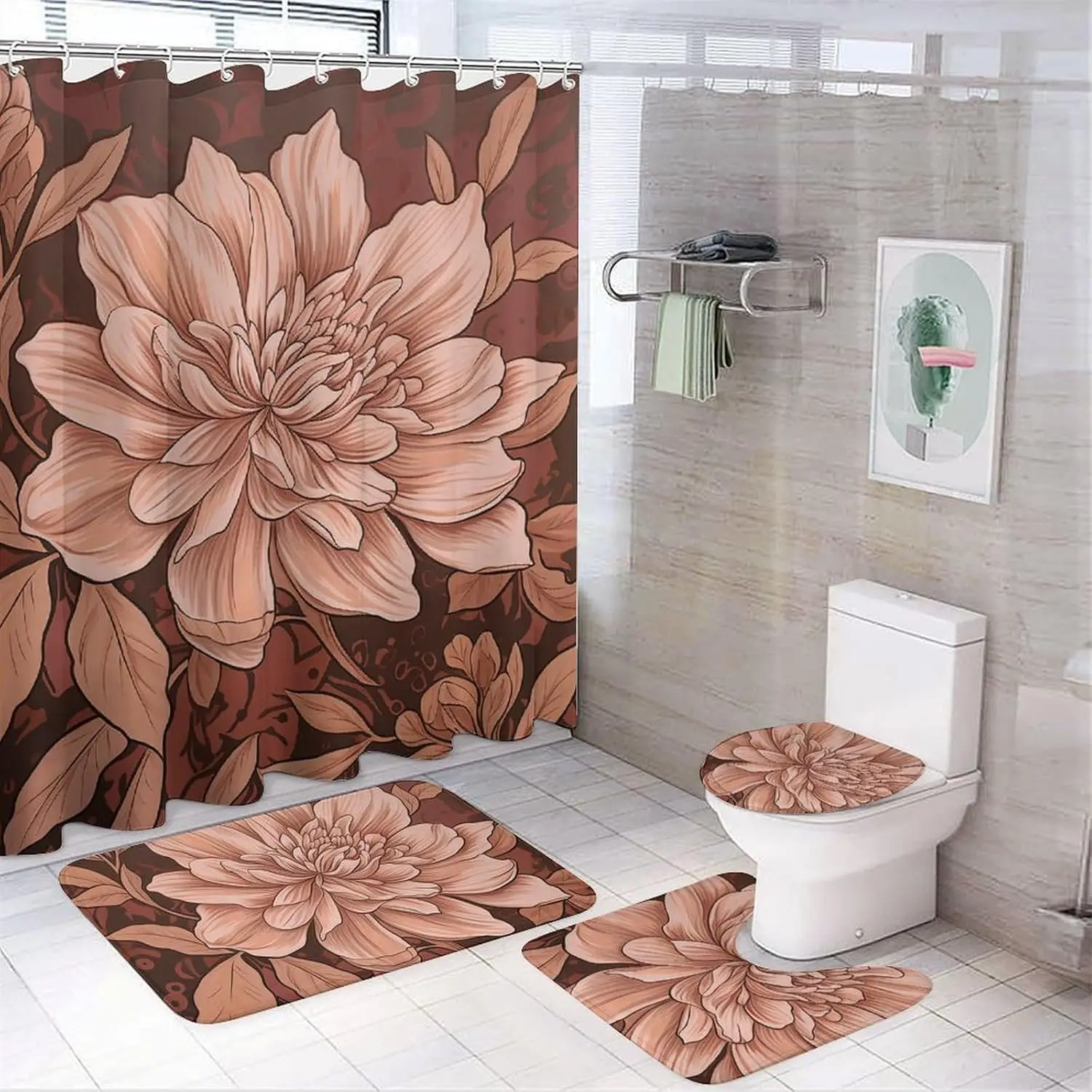

Набор занавесок для душа, 4-х шт., персиковый и коричневый набор для ванной комнаты с нескользящими ковриками, крышкой унитаза и ковриком для ванной комнаты, декор Waterp