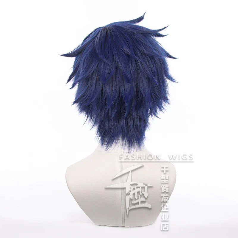 Peluca de Cosplay de Game Ensemble Stars Sazanami Jun, pelo corto azul oscuro, resistente al calor, sintético, accesorios para fiesta de Halloween