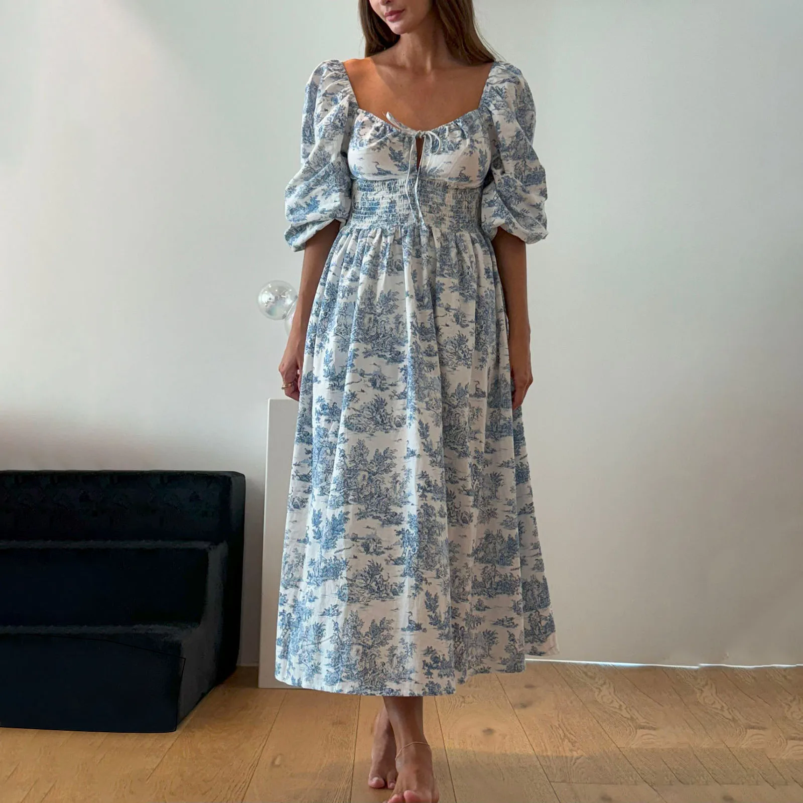 Wysokiej jakości damska długa sukienka na jesień, stylowa, z wiązaniem na kokardę, we wzór kwiatowy, marszczona, z długimi rękawami typu latarnia, codzienna sukienka w kształcie litery A.