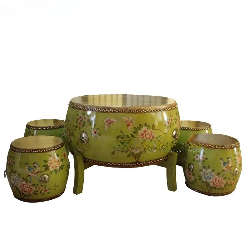 Modern simple Chinese Solid wood mini small apartment drinking tea Short tea art table Cowhide drum Round coffee table
