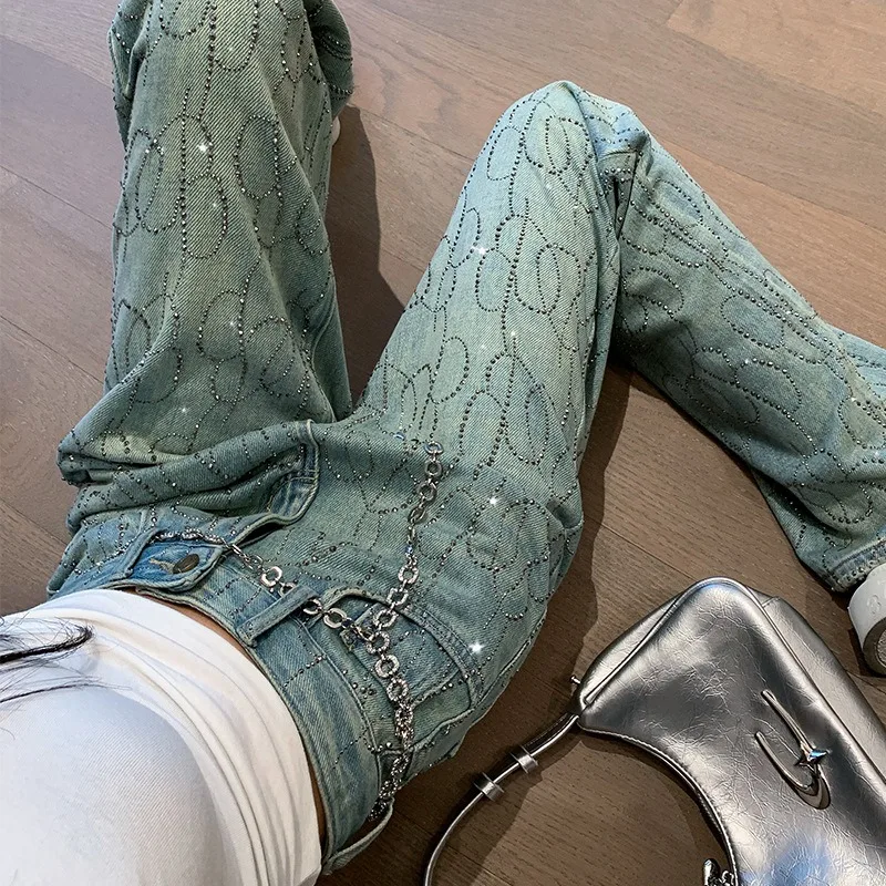 Spring Summer Luxury Gradient Rhinestone Baby's Breath Straight Jeans Narrow Leg Pants Are Exquisite Simple Casual Personality
