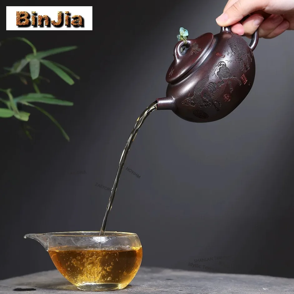 BAEJORIA 400ml Authentic Yixing Purple Clay Teapots Handmade Giant Wheel Bead Pot Raw Ore Antique Black Mud Kettle Zisha Tea Set