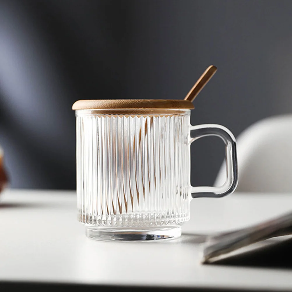 

2Sets Glass Coffee Mugs Clear Water Mug Lid Spoon Simple Beautiful Home Bakery Office Picnic Stable Handle Easy Grip Drying