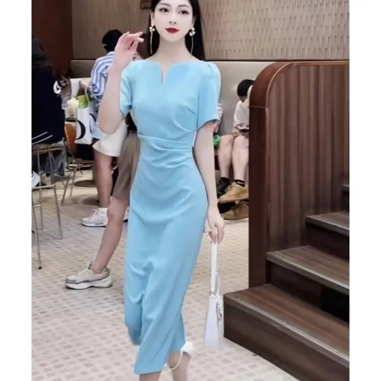 Fashionable V-Neck Sleeve Mosaic Pouch Buttoned Slim Stretch Pants OL Commuter Knee Professional Women's Pencil Dress G27