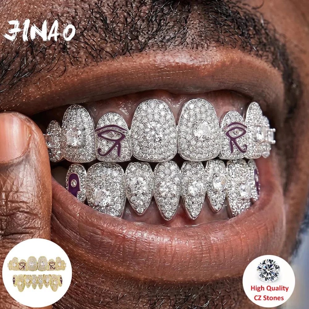 JINAO Hip Hop Eye of Horus Full Iced large CZ 8 Teeth Fang Vampire Grillz set Top&Bottom shinny Grill Punk Rapper Christmas