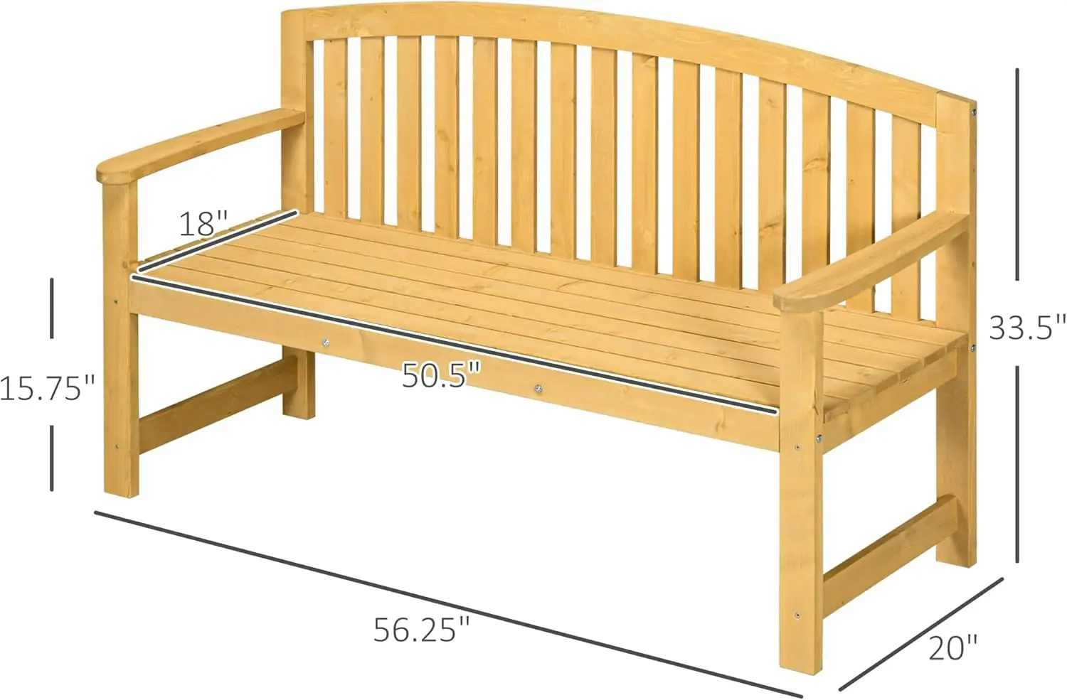 مقعد خشبي خارجي مقاس 56 بوصة، مقعد حديقة بمقعدين مع مسند ظهر ومسند للذراعين