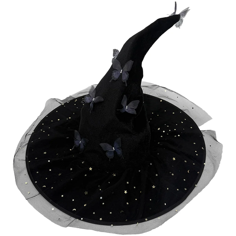 Glitter Tulle Hat Witch Hat For Spooky Witch Aesthetic Curved Silhouette Sheer Mesh Accents Star Details Textured Look