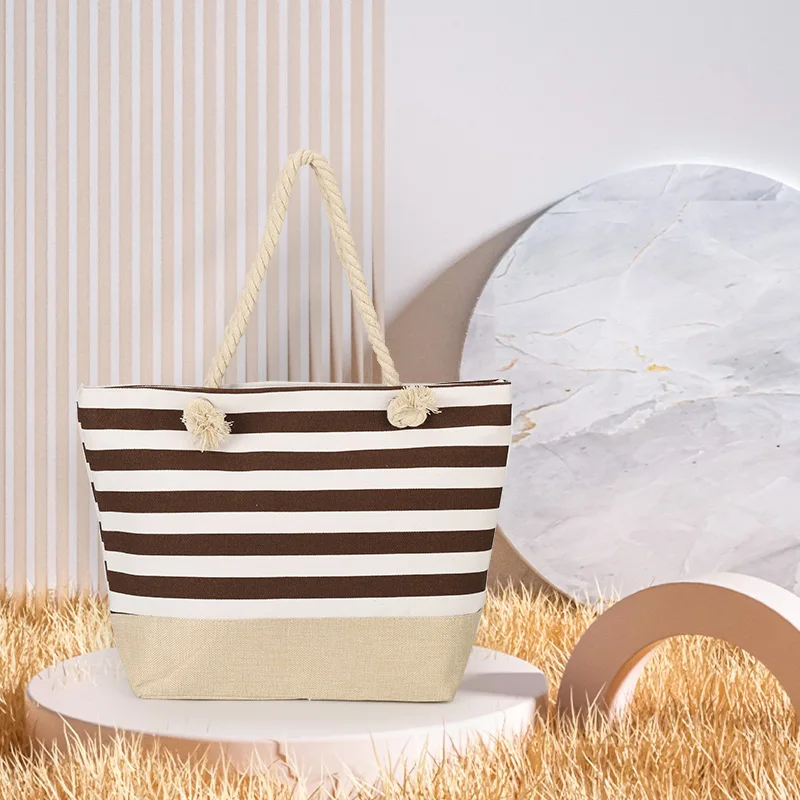 Casual Striped Canvas Bag For Women Large Capacity Shoulder Bag Shopping Totes Student Bookbag for School Travel Beach Bag