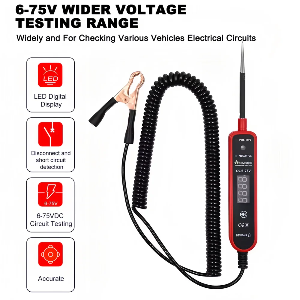

EM289 Automotive Electrical Circuit Tester, DC 6-75V LED Digital Voltage Display Car Short Circuit Detector Diagnostic Tool Pen