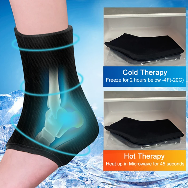 Reusable ankle brace ice pack, hot and cold, flexible gel beds, foot cooling aid, sports injury pain relief, ankle support