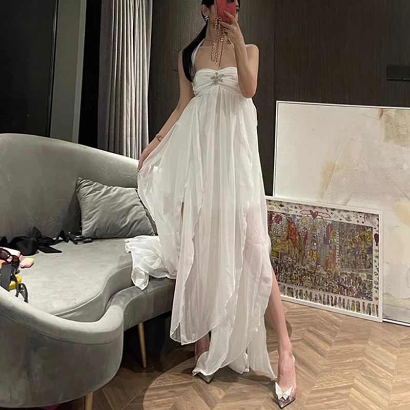 Women Summer Boho Sleeveless Choker Halter Rhinestone Starfish Decor Backless Irregular Ruffled Hem A-line Long Dress