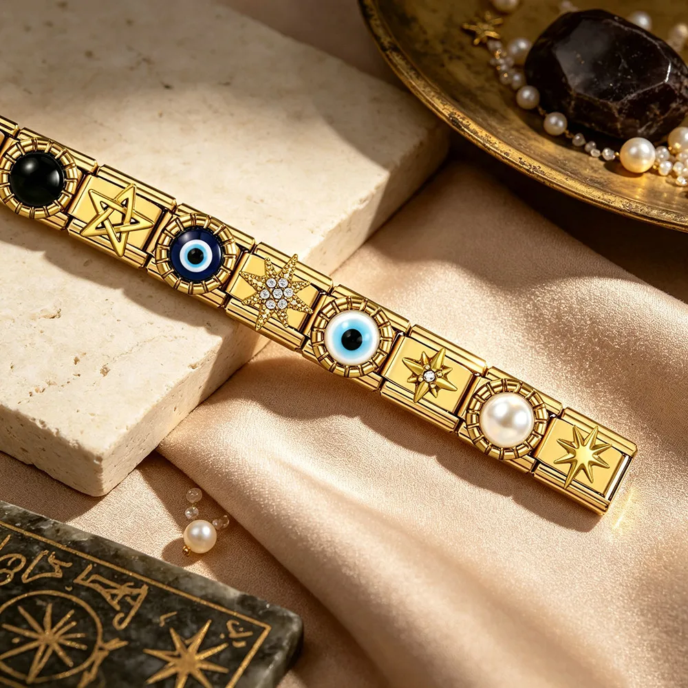 Evil Eye Cross Star Serie Italienisches Edelstahl-Armband Charm Goldfarben 9mm Kubisches Zirkonia Gliederarmband Damen Amulett Schmuck DIY – Detail 2