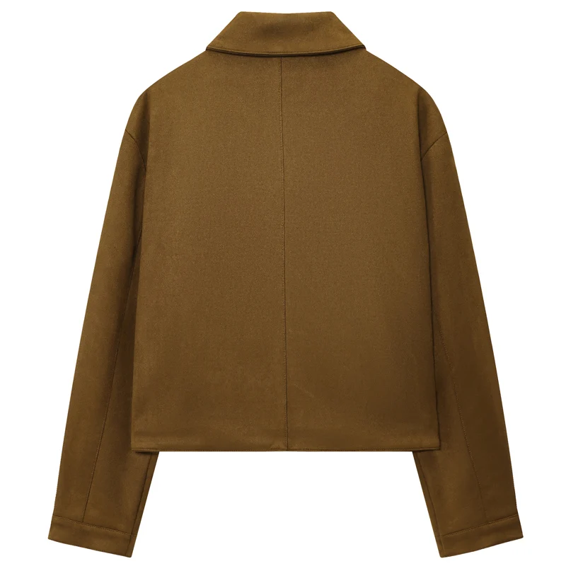 เสื้อแจ็คเก็ตผู้หญิง HXAO แจ็คเก็ตหนังกลับแบบครอป แจ็คเก็ตผู้หญิงสำหรับฤดูใบไม้ร่วงปี 2025 สีน้ำตาล แจ็คเก็ตทรงบอมเบอร์ ติดกระดุม แขนยาว เสื้อคลุมด้านนอก สไตล์เก๋ไก๋ สง่างาม