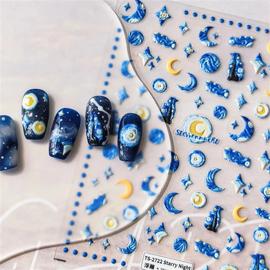 Noche Estrellada azul para mujer, pegatinas autoadhesivas para decoración de uñas, estrellas blancas, calcomanías de manicura 3D, relieve suave, 5D