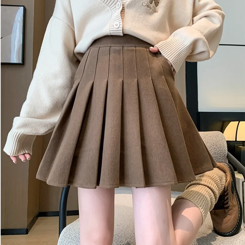 

Autumn Korean A-line Pleated Short Skirt High Waist Slimming College Style Skirt Fashion Pocket Style Woolen Skirt Female