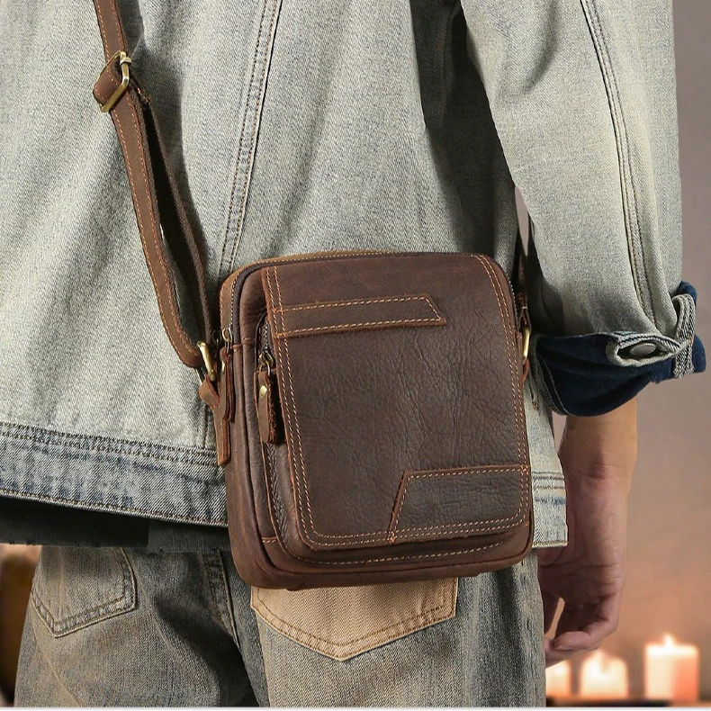 Genuine leather spliced men's crossbody bag, retro square large-capacity high-end travel single-shoulder bag