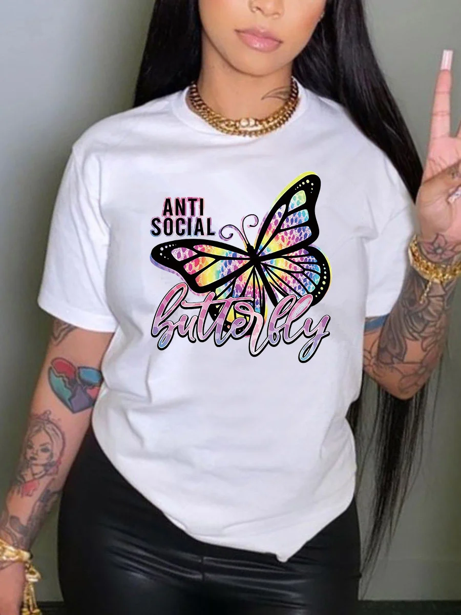 Fashion Plus Size Tops Rhinestone Butterfly Letter Print T-shirt Regular Short Sleeve Positioning Printing O Neck Tee For Women